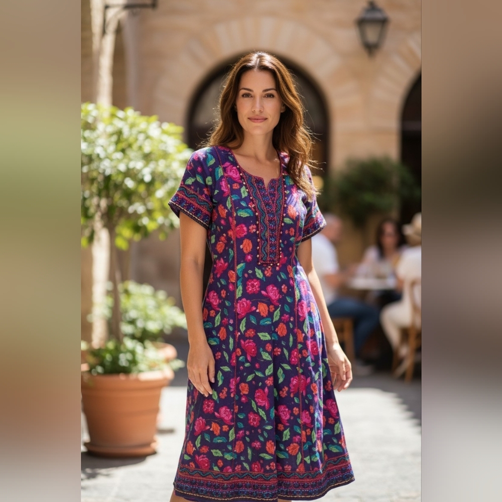 Biba Pink Green Orange Floral Cotten Lightweight Dress